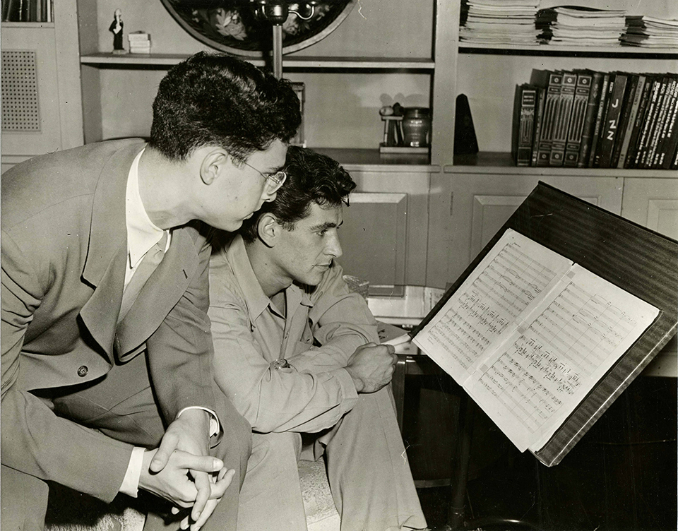 Leon Fleisher and Leonard Bernstein in 1945, before their first performance together at the Ravinia Festival in Highland Park, Illinois. (The Arthur Friedheim Library at the Peabody Institute of the Johns Hopkins University.)