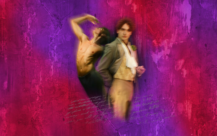 Two men -- one dancer shirtless in a dance pose and one dressed in late 1800s dress -- next to each other against a colorful red and purple background.