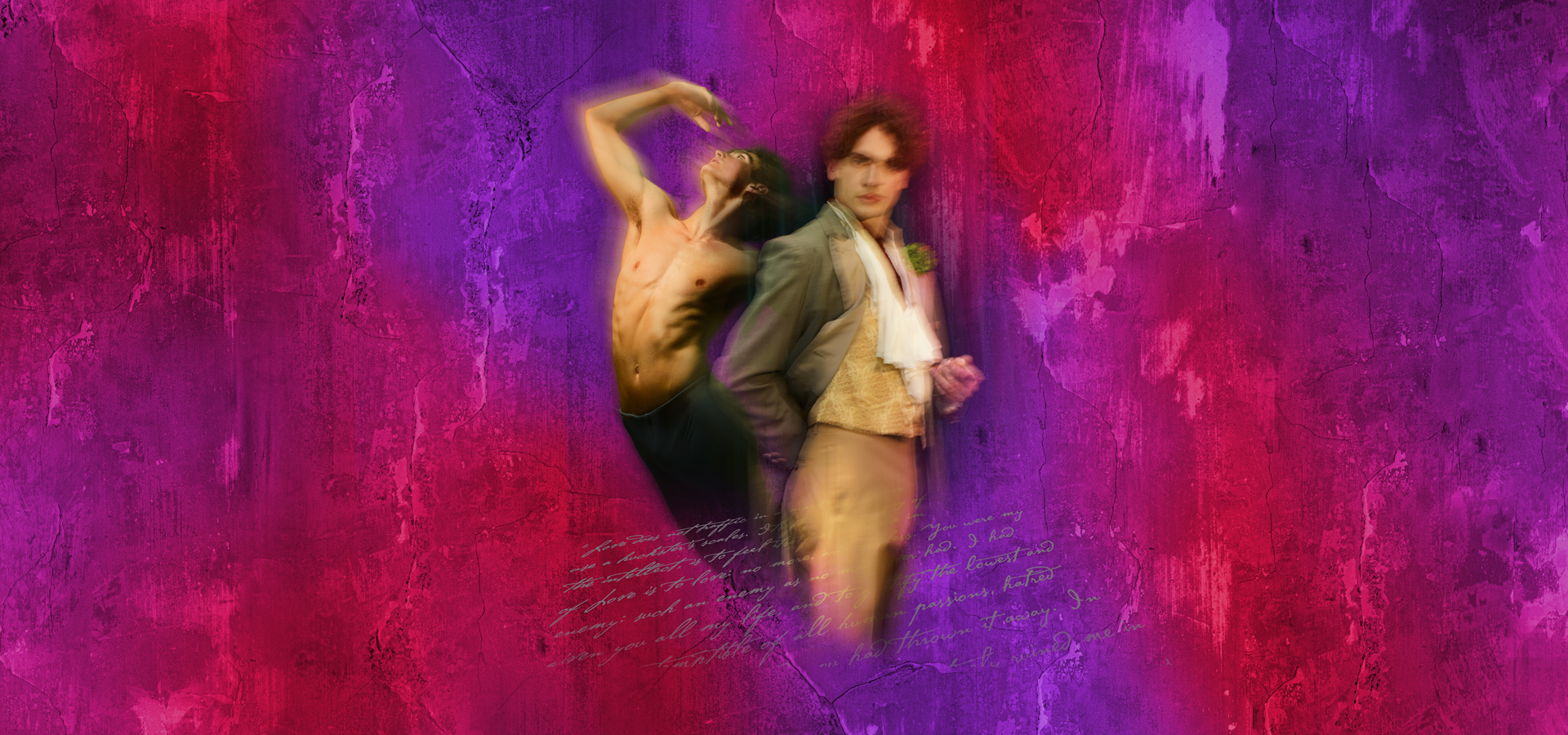 Two men -- one dancer shirtless in a dance pose and one dressed in late 1800s dress -- next to each other against a colorful red and purple background.