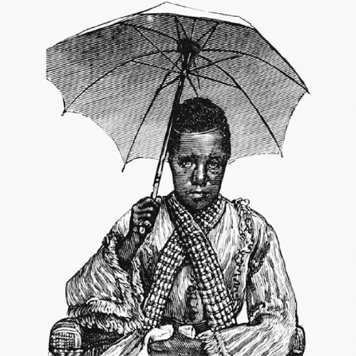 Sketch of Frances Thompson holding an umbrella.