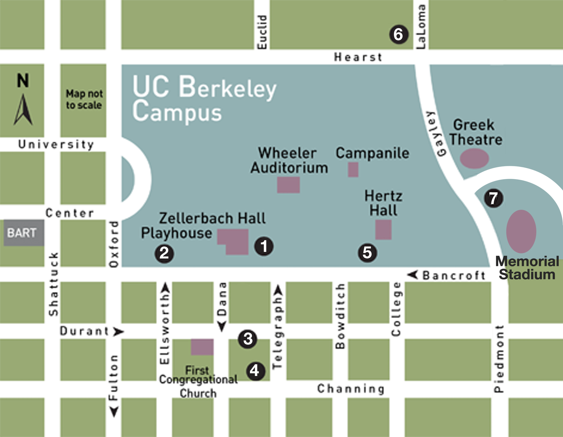 Map of UC Berkeley Campus, Cal Performances venues and parking options