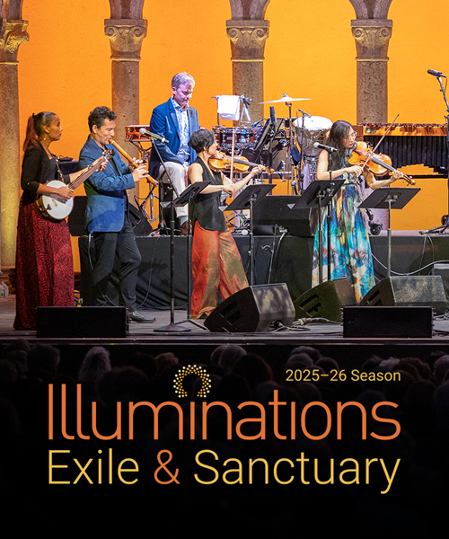 illuminations-exile-and-sanctuary-2526-500×600-1 Words '2025-26 Illuminations: Exile & Sanctuary' on a background depicting an ensemble on stage
