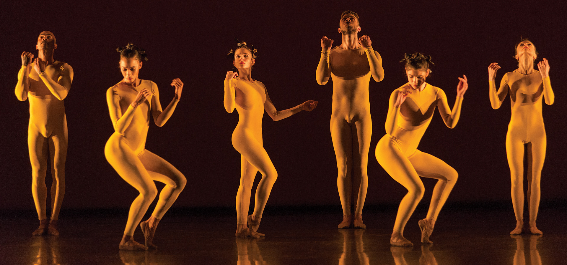 Performers in the Grupo Corpo group pose wearing yellow unitards, illuminated by a dim, glowy light.