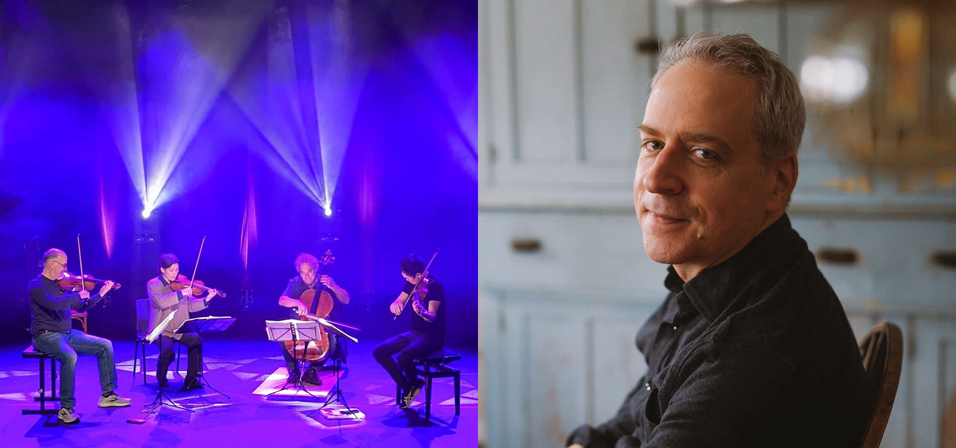 A collage image of the Takacs Quartet performing on a stage illuminated by purple lights on the left side, and a close up of pianist Jeremy Denk on the right side.