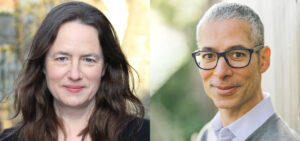 A split photo of Heather Cox Richardson, a white woman with long brown hair, and Dylan Penningroth, a white man with short silver hair, each looking at the camera.