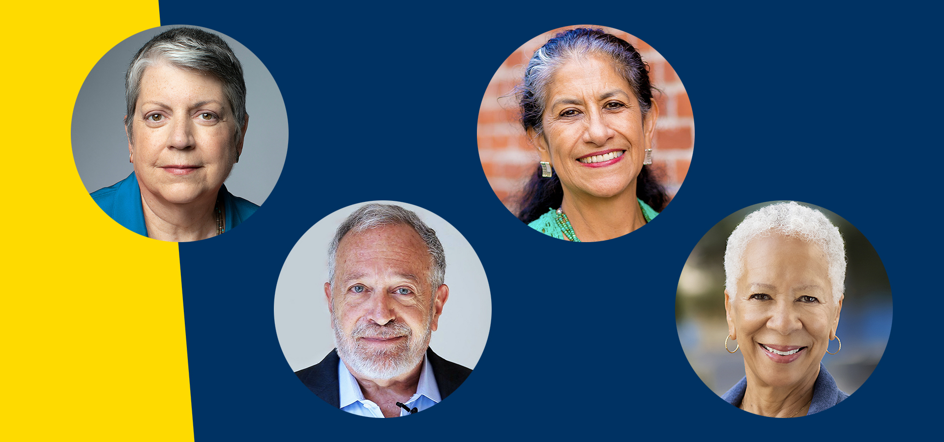 Four headshots of the speakers of this event on a dark blue and yellow background