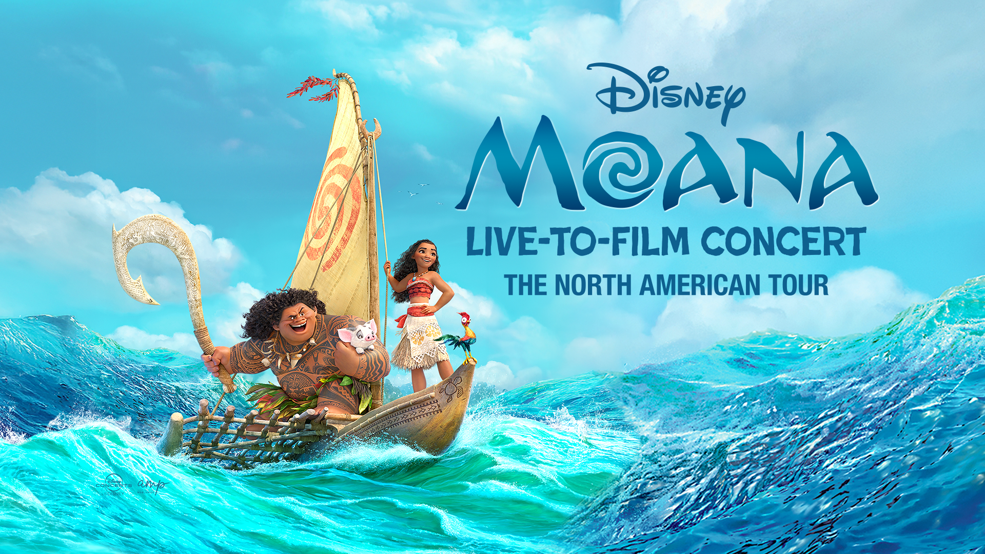 Moana and Maui from Disney's Moana sailing in a boat with text that reads, "Disney Moana Live-to-Film Concert The North American Tour"