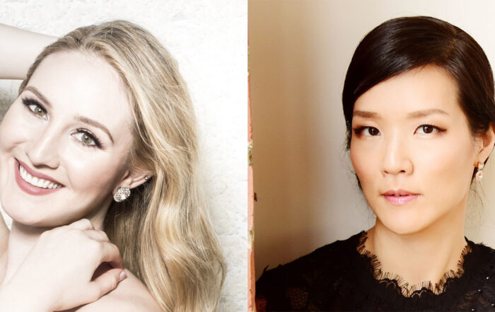 A collage image of Samantha Hankey, a young white woman with wavy blonde hair, on the left, and Myra Huang, an Asian woman wearing a sparkly black dress, on the right