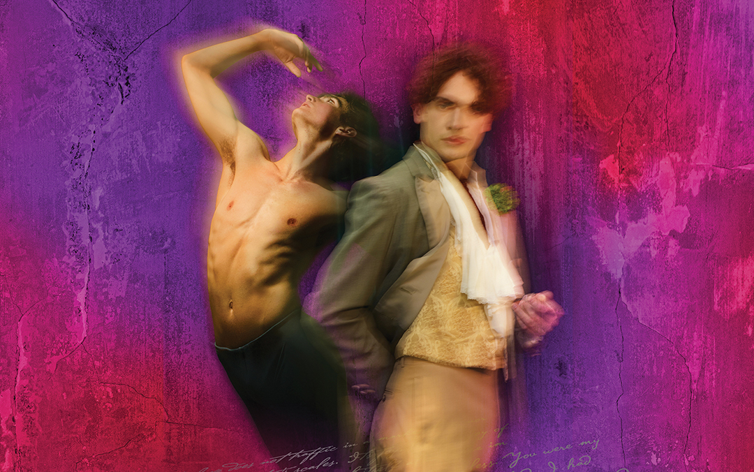 Two men -- one dancer shirtless in a dance pose and one dressed in late 1800s dress -- next to each other against a colorful red and purple background.