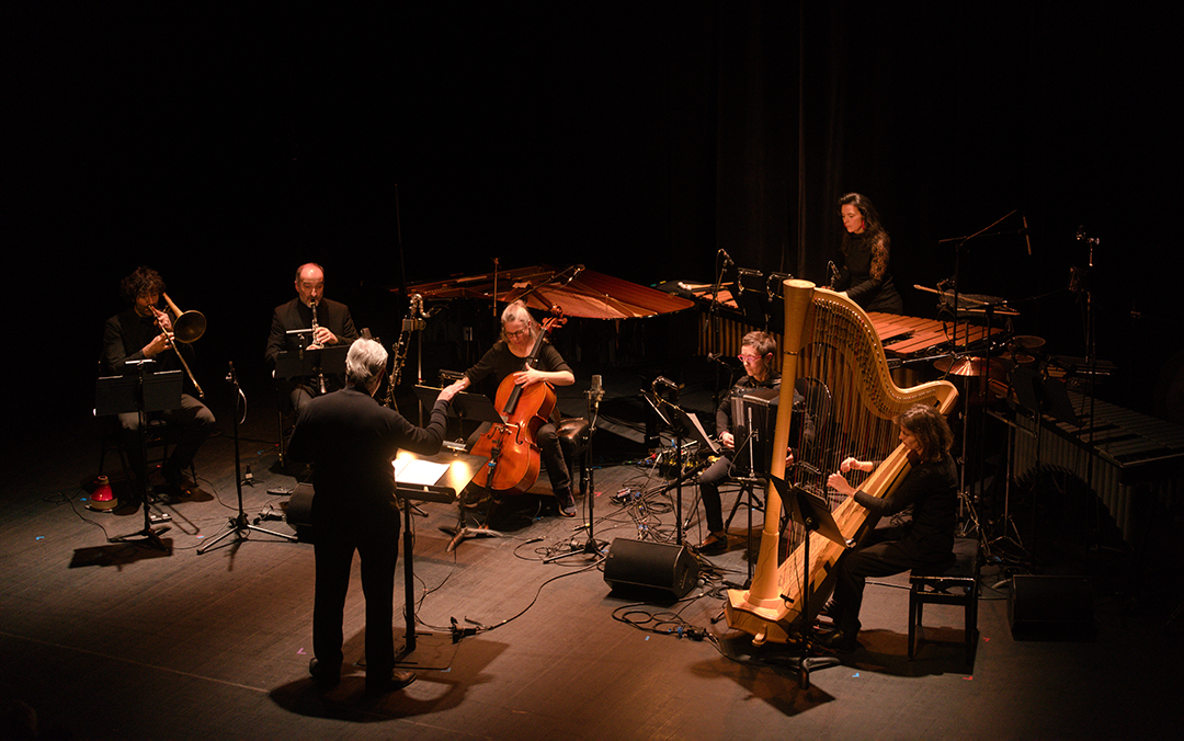 A concert photo of the Eco Ensemble, directed by David Milnes.