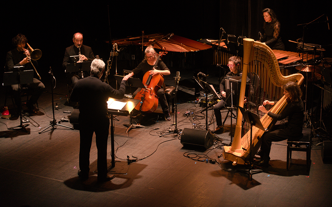 A concert photo of the Eco Ensemble, directed by David Milnes.