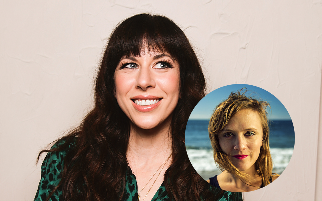Missy Mazzoli, a woman with long dark hair wearing a green shirt, of Luna Composition Lab, smiles while looking off to the side, with a circle insert of Ellen Reid, a blonde woman at the beach looking into the camera.