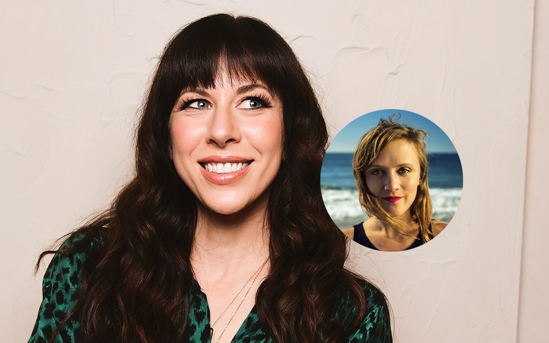 Missy Mazzoli, a woman with long dark hair wearing a green shirt, of Luna Composition Lab, smiles while looking off to the side, with a circle insert of Ellen Reid, a blonde woman at the beach looking into the camera.