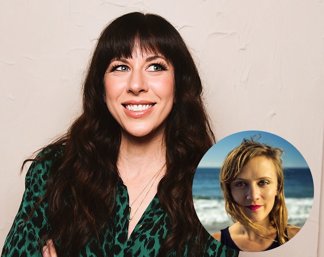 Missy Mazzoli, a woman with long dark hair wearing a green shirt, of Luna Composition Lab, smiles while looking off to the side, with a circle insert of Ellen Reid, a blonde woman at the beach looking into the camera.