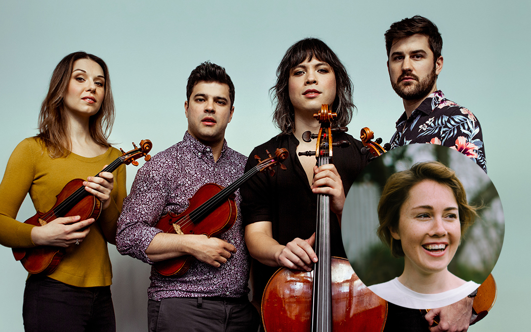 The four members of Attacca Quartet -- two men and two women -- pose together with their instruments against a light gray background with a circle inset of violinist Caroline Shaw