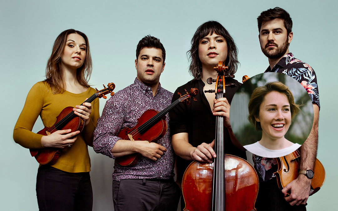 The four members of Attacca Quartet -- two men and two women -- pose together with their instruments against a light gray background with a circle inset of violinist Caroline Shaw