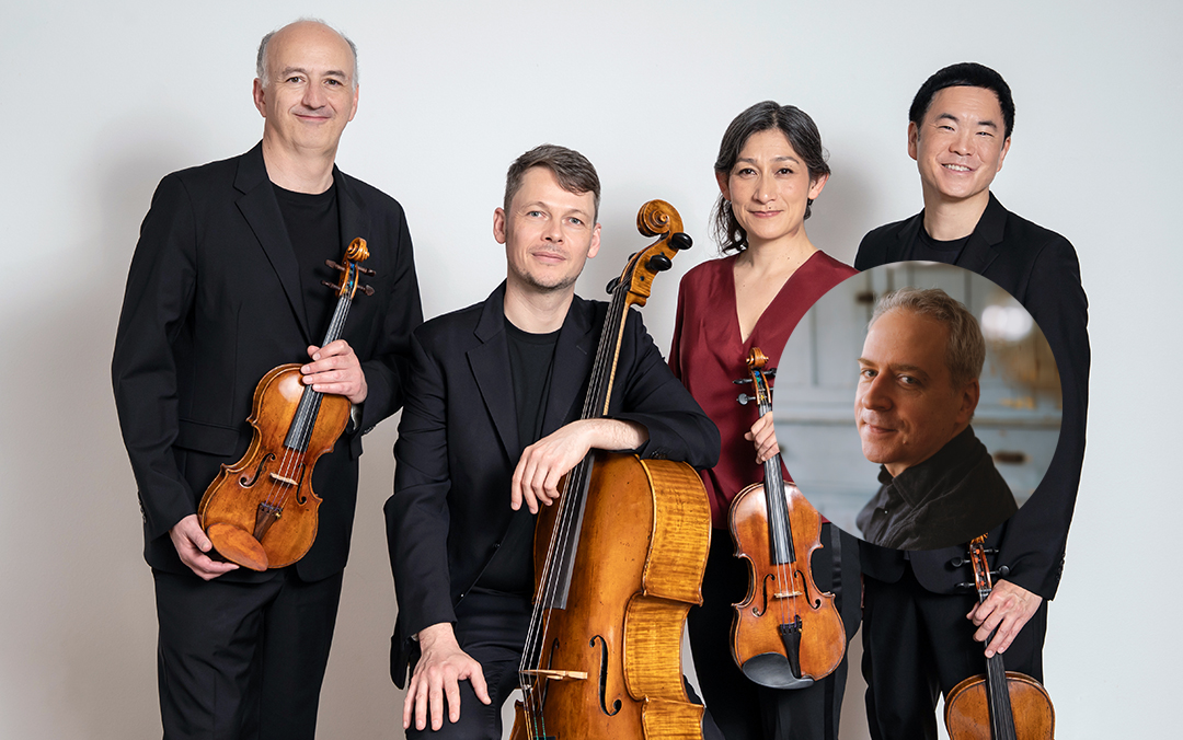 The four members of Takacs Quartet -- three men and one woman -- pose together with their instruments against a light gray background with a circle inset of pianist Jeremy Denk.
