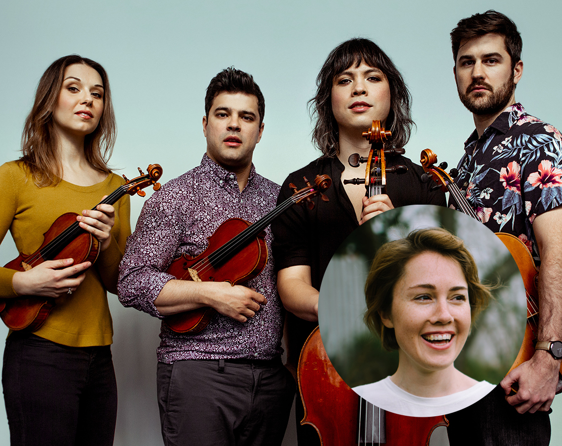 The four members of Attacca Quartet -- two men and two women -- pose together with their instruments against a light gray background with a circle inset of violinist Caroline Shaw