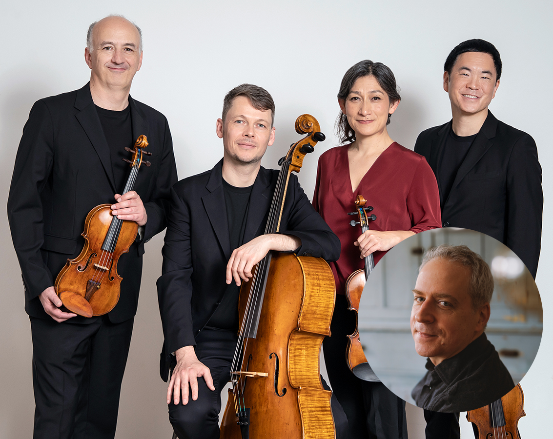 The four members of Takacs Quartet -- three men and one woman -- pose together with their instruments against a light gray background with a circle inset of pianist Jeremy Denk.