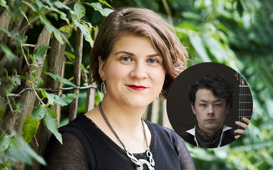 Mezzo-soprano Ema Nikolovska, a white woman in a dark top against foliage, with a circle inset photo of guitarist Sean Shibe, a mixed race man holding a guitar.