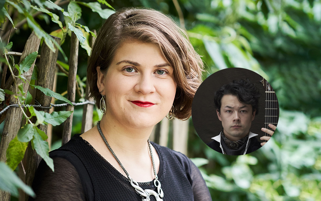Mezzo-soprano Ema Nikolovska, a white woman in a dark top against foliage, with a circle inset photo of guitarist Sean Shibe, a mixed race man holding a guitar.