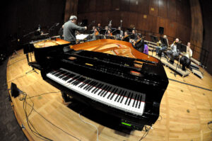 A grand piano sits on stage next to the eco ensemble.