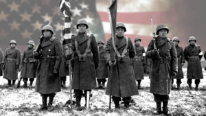 Japanese soldiers photographed in black and white holding flags, with an American Flag in the background.