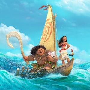 Moana and Maui from Disney's Moana sailing in a boat