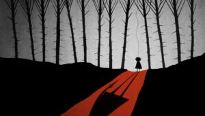 A drawing depicting a little girl attached to a string held by a hand as she stands on a bright red road in the midst of a black and white forest.