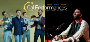 A collage image with the four members of Third Coast Percussion doing silly poses with their instruments on the left and Saler Nader performing the tabla with a large smile onstage on the right.
