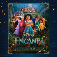 The cast of the animated film Encanto stand in colorful clothing next to the words 'Disney Encanto Sing-Along Film Concert'