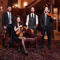 The Dover Quartet, three men and one woman, pose with their instruments in an elegant interior.