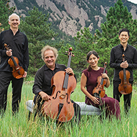 Collage image of the Takacs Quartet holding their instruments in a grassy field on the left, and solo photo of Jeremy Denk playing piano in a black suit on the right.