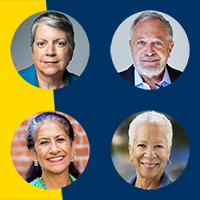 Four headshots of the speakers of this event on a dark blue and yellow background