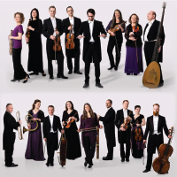 Seventeen members of The English Concert pose against a white background for a large group shot, standing next to each other with instruments in their hands.