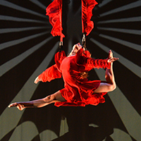 A photo of a single female dancer in a red frilly dress descending from above on red frilly cables against a black and gray patterned background