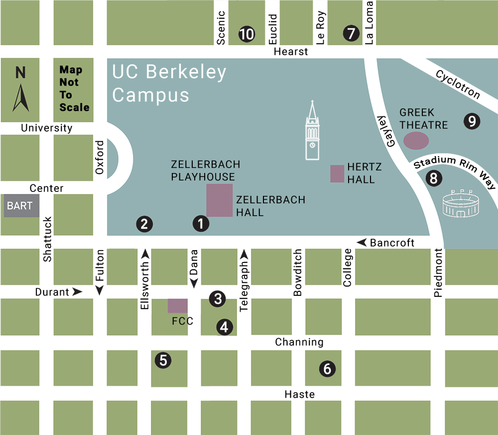 Map of UC Berkeley Campus, Cal Performances venues and parking options